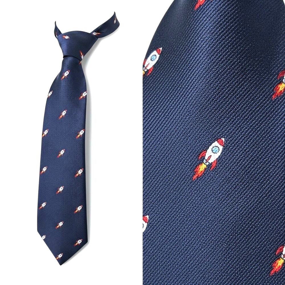 Men's Rocket Space Ship Skinny Tie Navy Blue Novelty NASA Cosmic Retro Moon